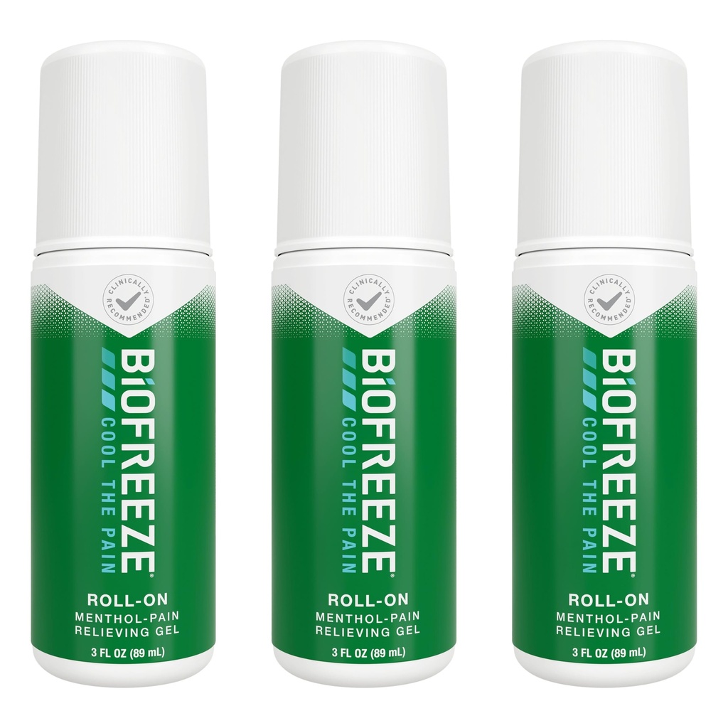 Biofreeze Roll On Pain Relief pentru genunchi, gât, Hip, comun, Umăr, & simplu Backache, Artrită durere Reliever, Sore Muscle Relief, Roll On Mentol Gel 3 Fl Oz (Pachet de 3)