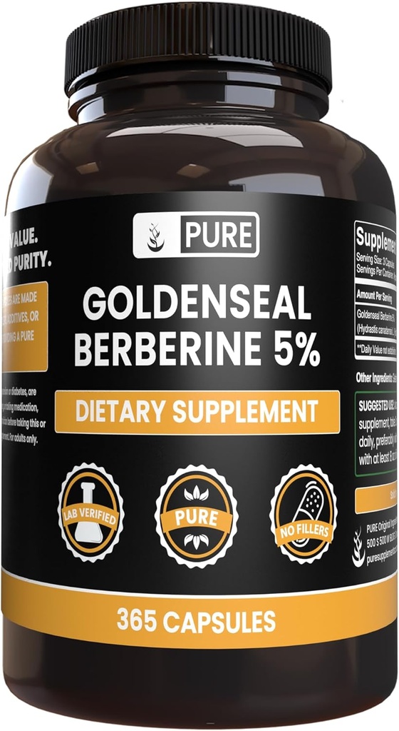 INGREDIENTE ORIGINALE PURE Goldenseal Berberine No Magneziu or Rice Fillers, Always Pure, Lab Verified (365 Count)