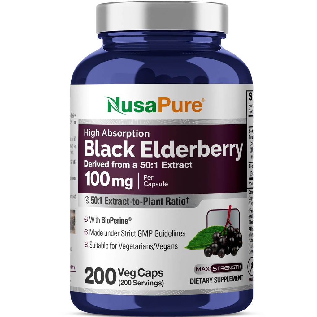 NusaPure Black Elderberry 50:1 Extract, 100 mg echivalent cu 5000 mg per Capsule Veggie, 200 Conte (non-GMO, Bioperine) Sambucus Supliment