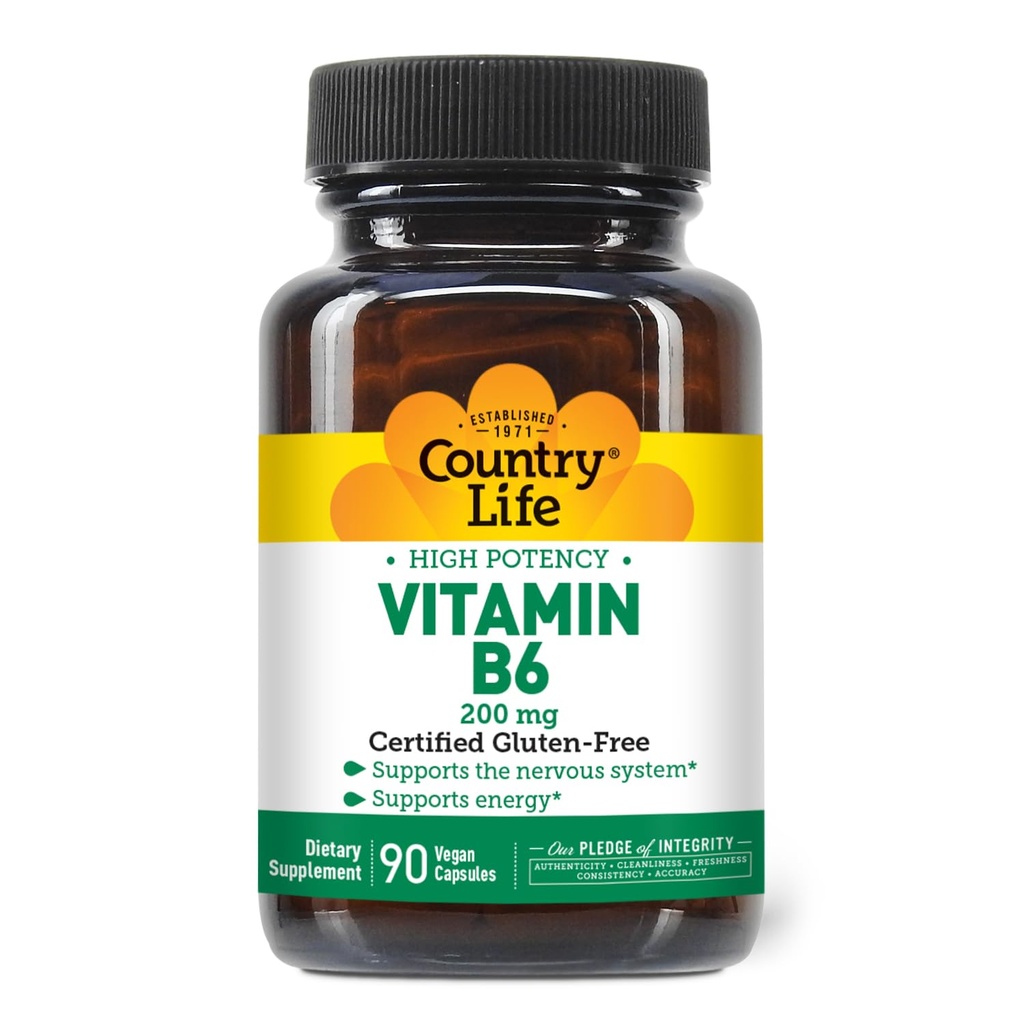 Country Life Vitamina B-6, High Potence, Sustine Energia si Sistemul Nervos, 200mg, 90 Capsule Vegane, Certified Gluten Free, Certified Vegan, Certified Halal...