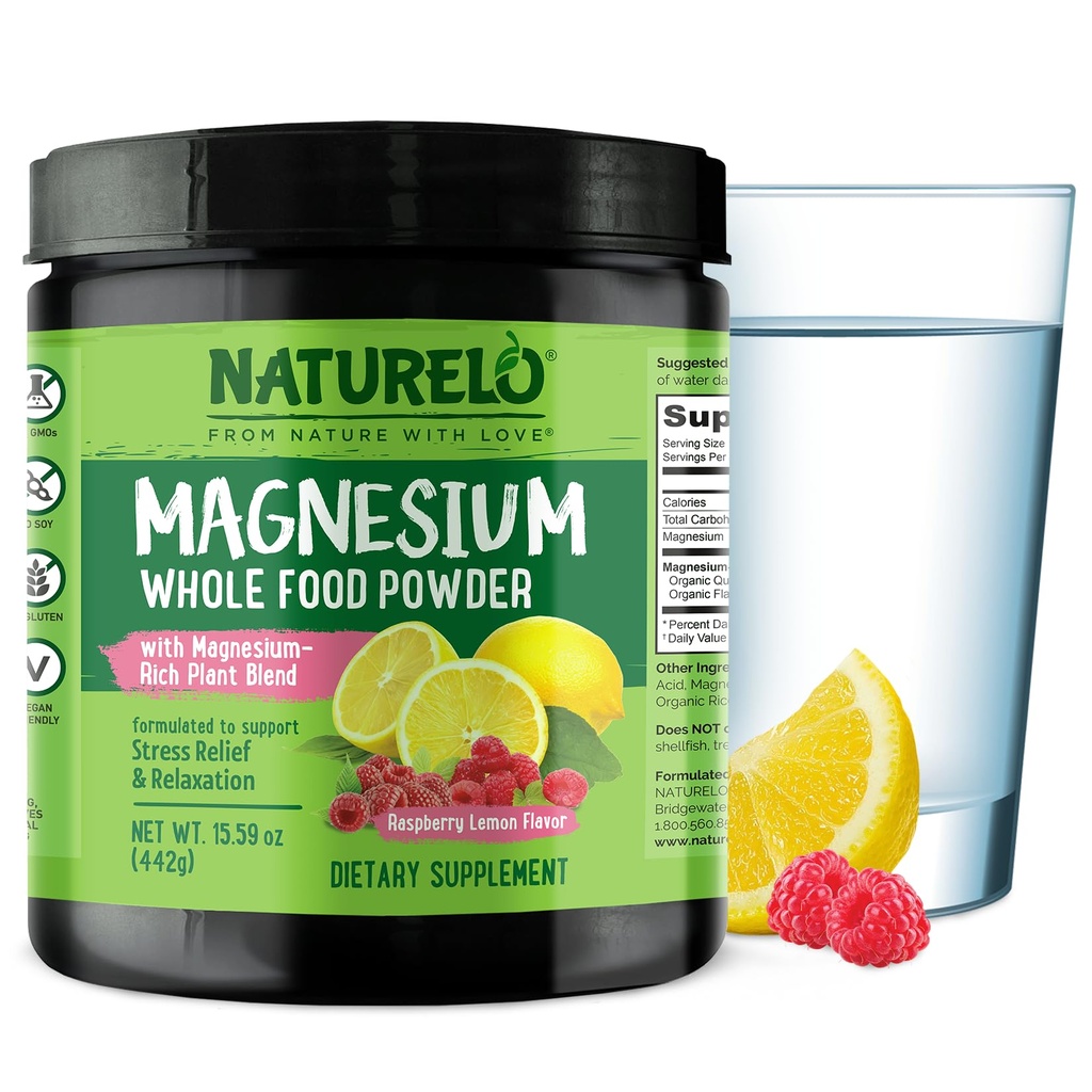 NATURO Magneziu pulbere - intreg alimente calm Pulbere de magneziu cu Quinoa, Conopida, & Flaxseed pentru relief de stres, Raspberry Lemon 85 Serviri, 15 oz
