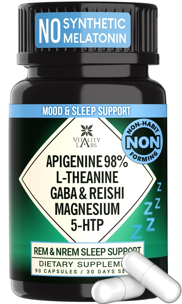 Natural Sleep Supplement for Adulți Fără Melatonină - non-Habit Formarea somnului din plante - GABA, L-Theanine, Reishi Mushroom, Apigenin, Magneziu Glycinate, 5-HTP - 90 Capsule Vegane