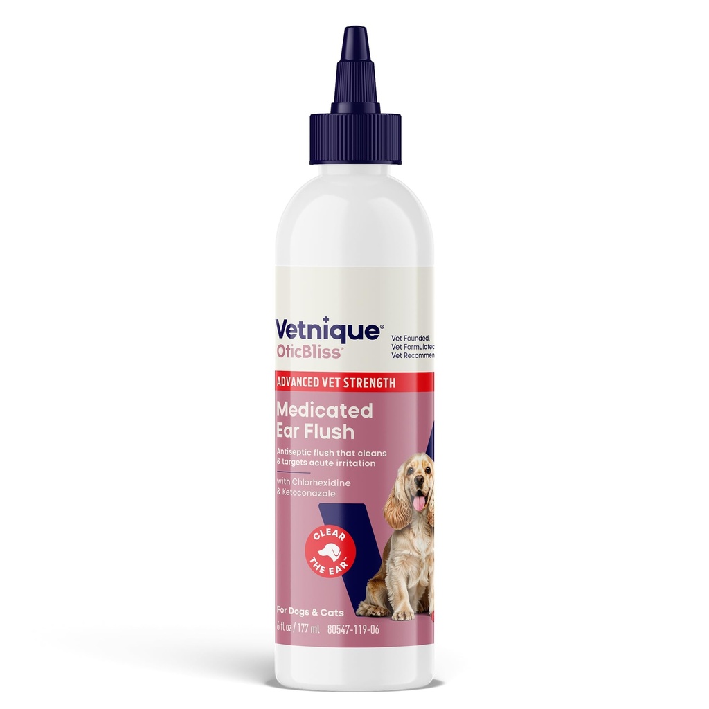Vetnique Oticbliss Advanced Force Medicate Dog Tratamentul infectiei urechii, Antiseptic Cleaner ureche pentru Cat & Dog Soluție de curățare ureche Clorhexidină & Ketoconazol (6oz Flush)