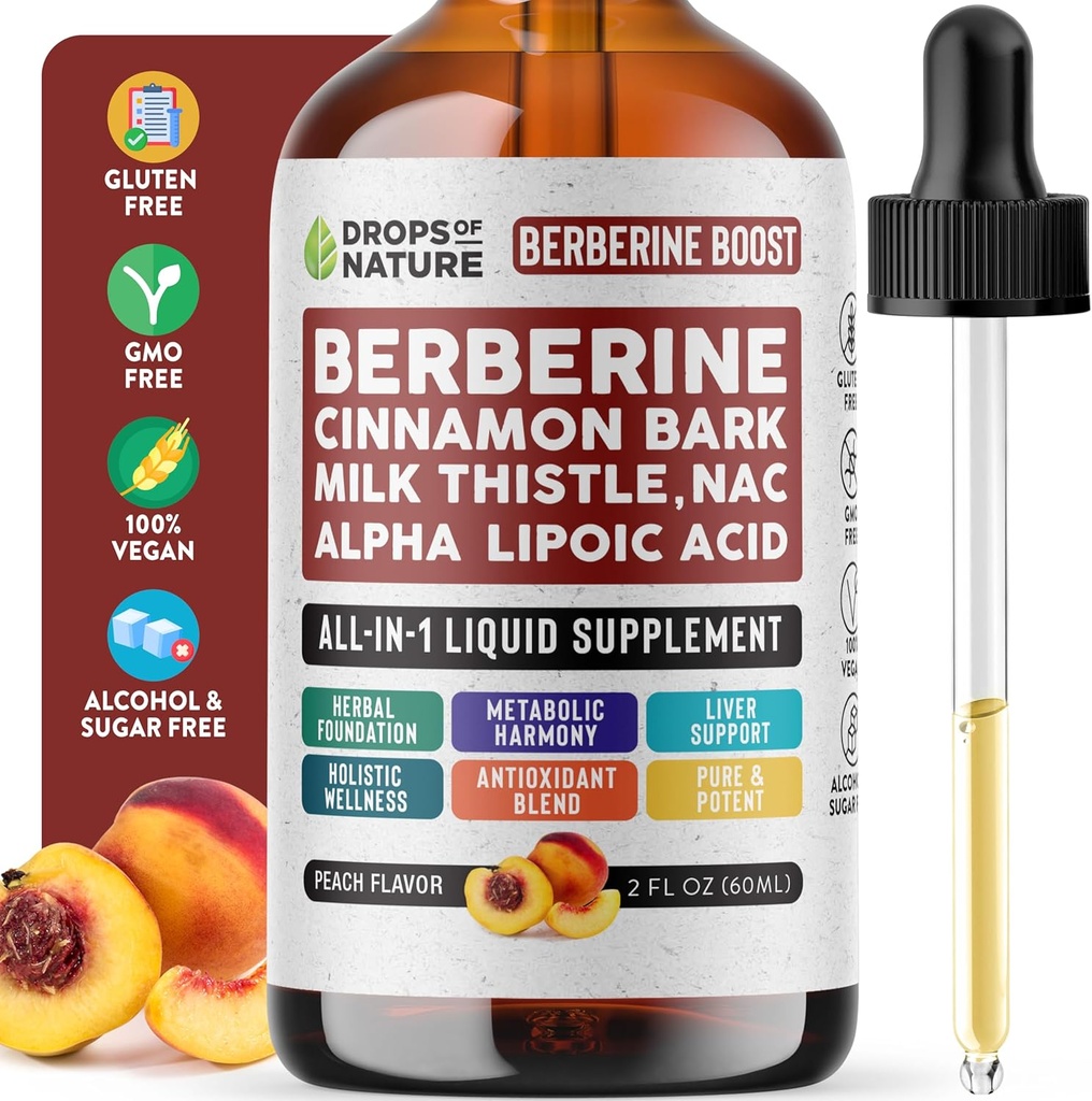 Berberine Supliment, Milk Thistle, Ceylon Scorțișoară, Alpha Acid lipoic, NAC Supliment Picături lichide - Vegan, 4X Absorbție decât capsulele - Berberine pentru suport hepatic & Holistic Wellness (Peach, 60mL)