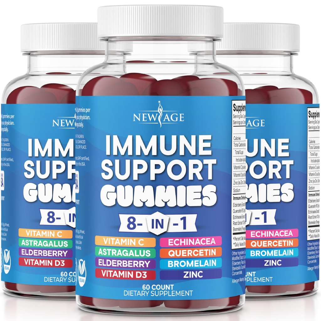 NOUĂ VÂRSTA 8 din 1 Supliment de sprijin imun cu rădăcină Astragalus, vitamina C şi zinc 50mg, vitamina D 5000 UI, Querbetin & Bromelain (8 la 1 gume (Pachet de 3)