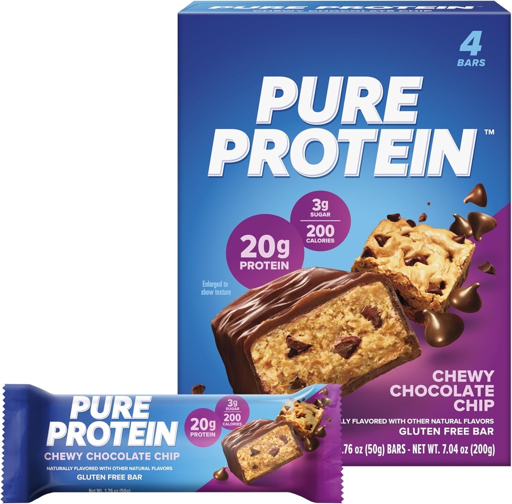 Baruri de proteine pure, proteine mari, gustări nutritive pentru a sprijini energia, zahăr scăzut, gluten gratuit, Chewy Chocolate Chip, 1.76oz, Pachet de 4
