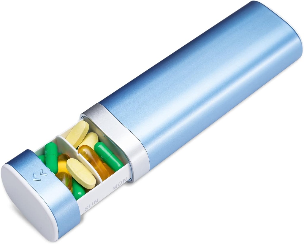 Betife Travel Pill Organizator Săptămânal 7 zi, Compact Daily Pill Box, Caz de medicină portabilă, Drăguț Deținătorul de pastile pentru suplimente de vitamine, Sertar-Shaped Pills Organizator (Blue)