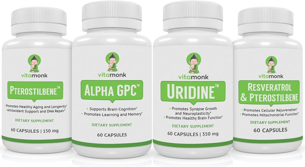 VitaMonk Resveratrol, Pterostilbene, Alpha GPC și Uridină Bundle - Longevity and Brain Boosting Stack