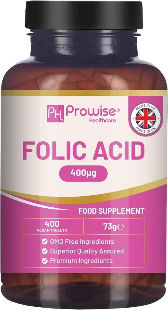 Folic Acid Tablete 400 mcg - 400 Vegan Vitamina B9 Tablete de aprovizionare 13 Luna de aprovizionare 