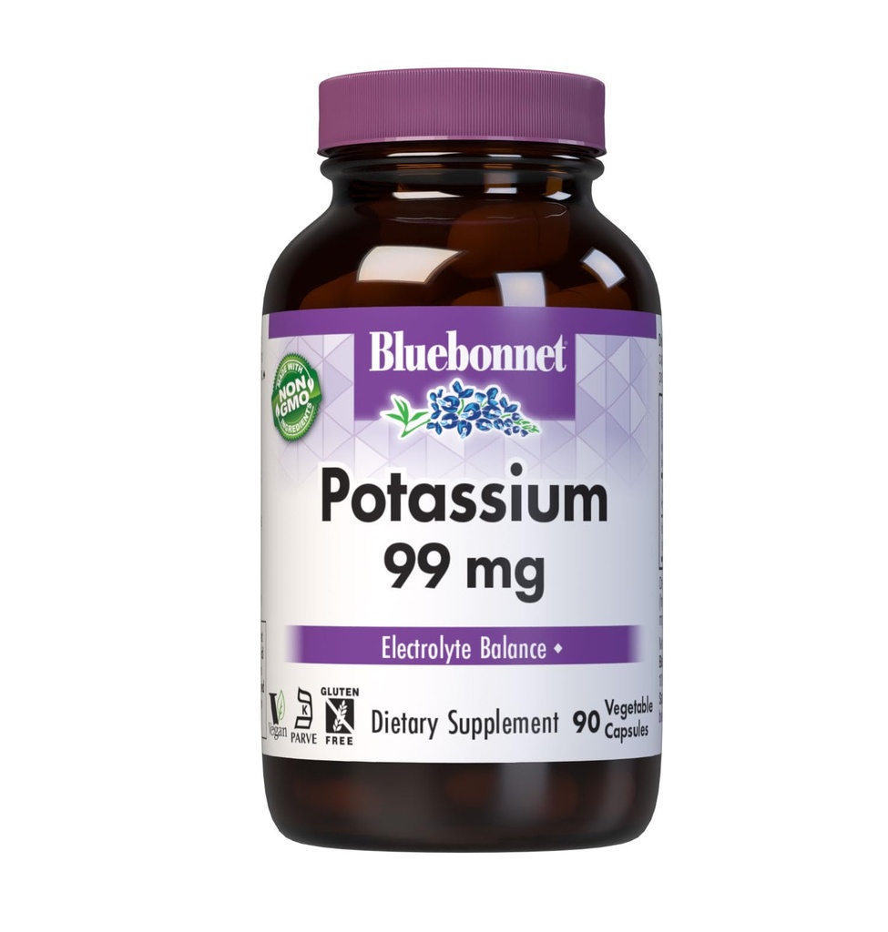 Bluebonnet Supliment de potasiu Aspartate 99mg Suplimente minerale esențiale pentru echilibru electrolit - non-GMO, Vegan, Kosher Certified, Gluten-Free, Soy-Free, Dairy-Free - 90 Capsule vegetale