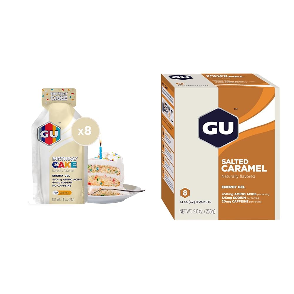 GU Energie Original Sports Nutrition Energy Gel, 8-contă tort de naștere și 8-conte Aroma de Caramel sărat