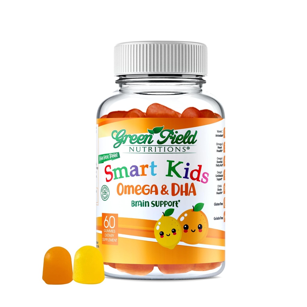Greenfield Nutritions Smart Kids Halal Omega 3 Gume cu DHA - 60 Vitamine Halal pentru copii, Sprijină Creier & Imune Sănătate - Vegan, Non-GMO, Gluten, Gelatină-Free și Peanut-Free Halal Gummy Vitamine