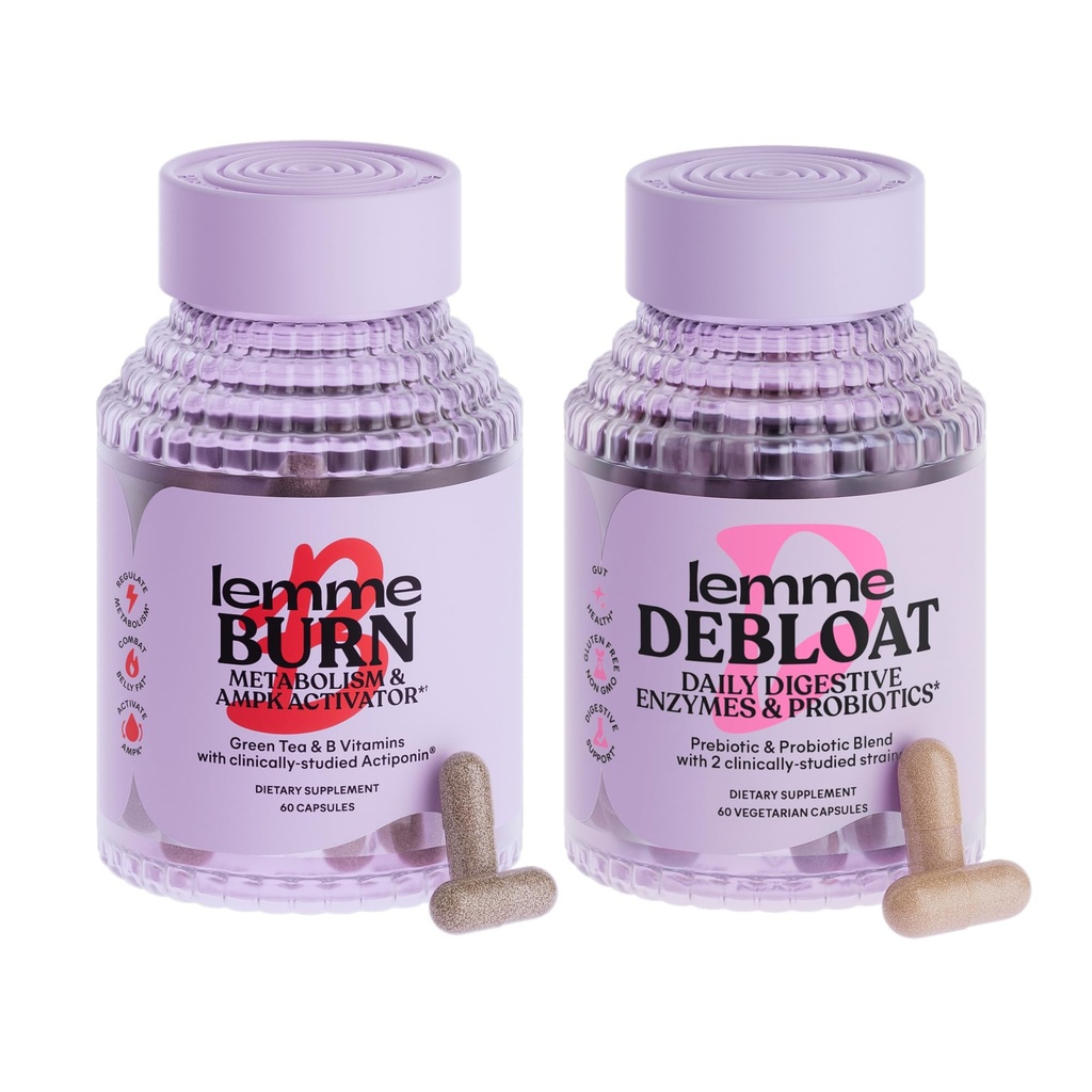 Lemme Burn & Debloat Capsule Bundle - Metabolism & Fat Burning + Debloat Capsule pentru Blooting & Gas Relief, Probiotice & Prebiotice - Gluten Free, Non-GMO - 60 Ct. Fiecare