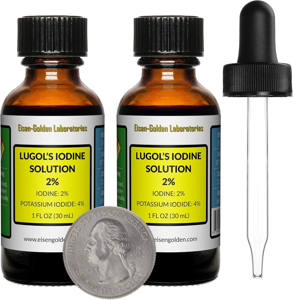 Iodul lui Lugol / 2% Soluţie / 2 Oz în două sticle de sticlă de chihlimbar / picături gratuite/SUA