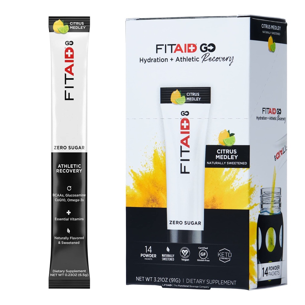 FITAID GO ZERO ZHAR Recovery Hydration Packet, W/ BCAAs, Glucosamine, Electroliti, Omega-3s, 100% Clean, Keto-friendly, Vegan & Gluten- Free, 5 calorii, natural îndulcit, 14 ambalaj