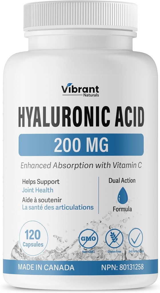 Supliment acid hialuronic 200mg - 120 capsule, cu vitamina C 100mg, sănătate articulară și cutanată, non-GMO Fermentare, gluten gratuit, terțe părți testate, Formula biodisponibilă
