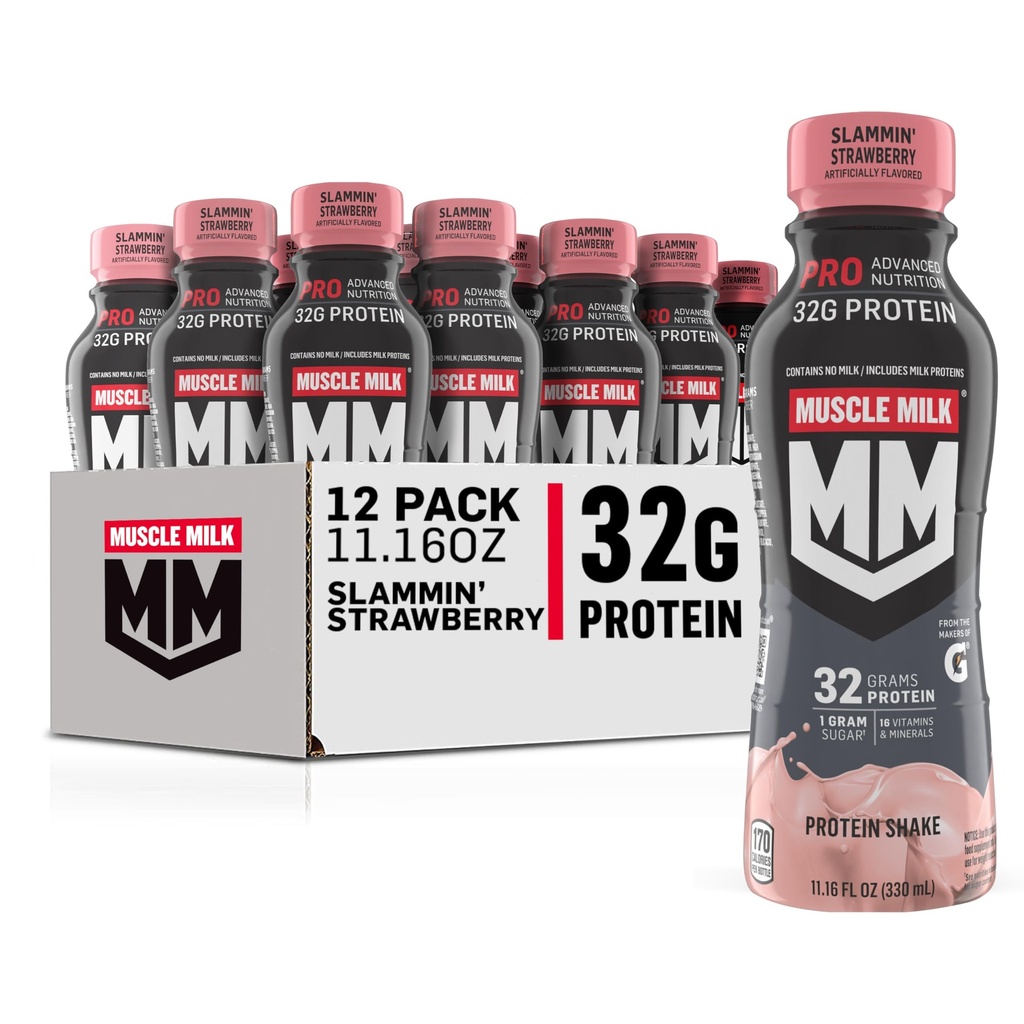 Muscle Milk Pro Advanced Nutrition Proteine Shake, Slammin' Strawberry, 11.16 Fl Oz (Pachet de 12), 32g Proteine, 1g Zahăr, 16 Vitamine & Minerale, 5g Fibră