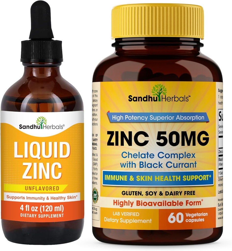 Sandhu Herbals Picături de zinc lichid 4 Oz & capsule de zinc 60 Suplimentul conte 