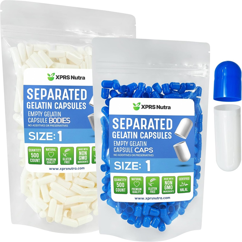 XPRS Nutra Dimensiune 1 Capsule separate Gelatină - 500 capsule goale cu pilulă separate în pungi - Pastile goale pentru umplerea suplimentară a DIY (alb/alb)