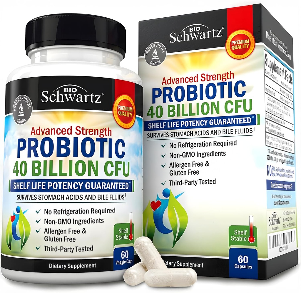 BioSchwartz Daily Probiotic Supliment nutritional - 40 Miliarde CFU pentru Sanatate Gutului - Probiotice pentru barbati si femei - Digestive Health with Astragalus & Lactobacillus - Perioada de valabilitate Stabil - 60 Conte