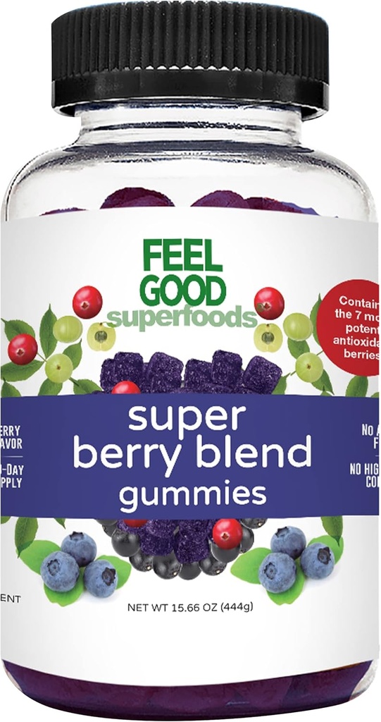 FeelGood Superfoods Super Berry Multivitamine Supplements, Acai, Amla, Lingonberry, Maqui, Bilberry, și Aronia Berry Gummies, Berry Flavor, Vegan, Non-GMO, 60 Count