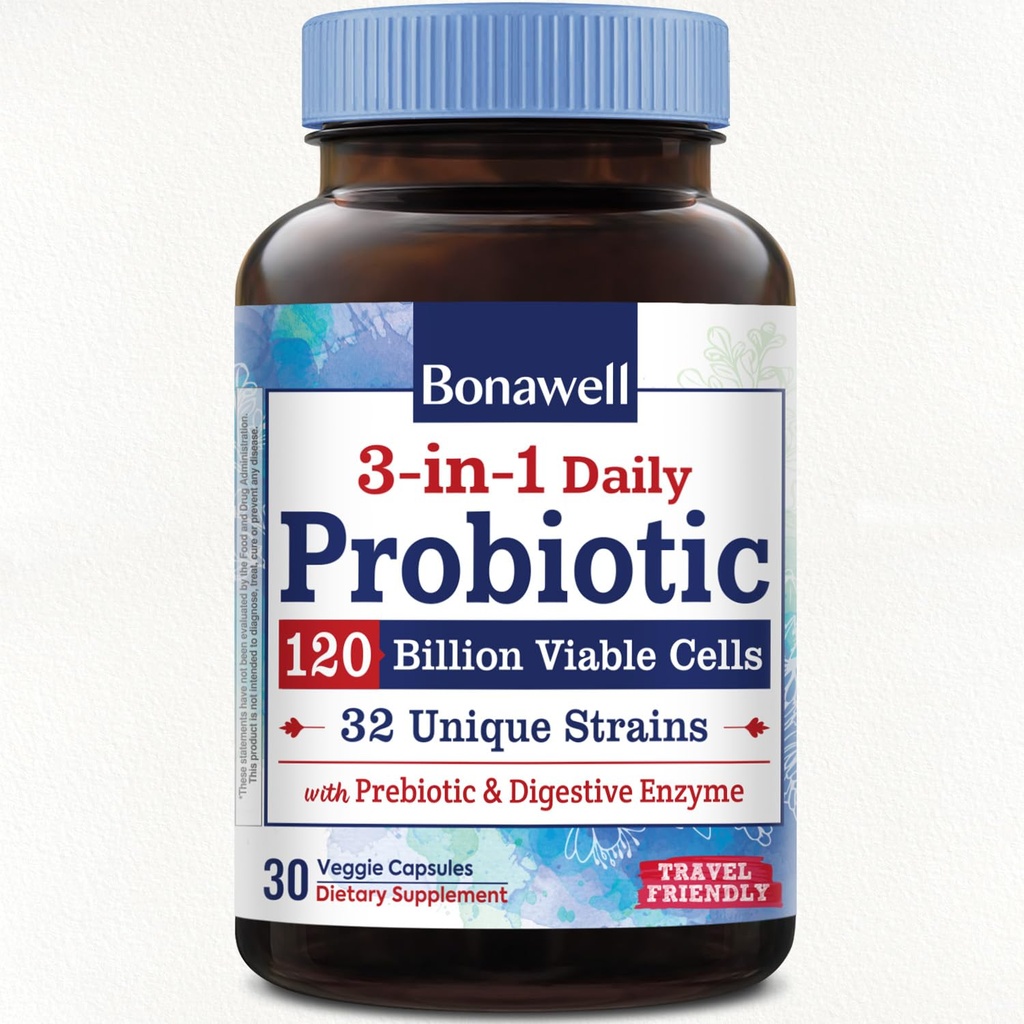 Probiotice Bonawell 120 Miliarde CFU 32 Tulpini cu prebiotice, enzime digestive pentru sănătate gutoasă, 3-in-1 Daily Probiotic, Perioada de valabilitate-Stabil, Întârziere-Release, 30 Veggie Caps
