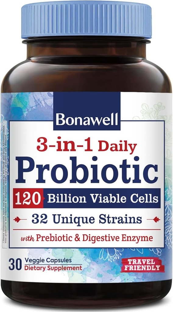 Probiotice Bonawell 120 Miliarde CFU 32 Tulpini cu prebiotice, enzime digestive pentru sănătate gutoasă, 3-in-1 Daily Probiotic, Perioada de valabilitate-Stabil, Întârziere-Release, 30 Veggie Caps