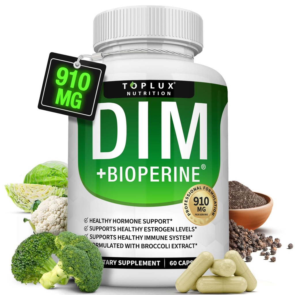 Dim Supliment 910 mg Plus BioPerine Complex - Diindolilmetan pentru a sprijini echilibrul hormonal și metabolismul estrogen, ajută cu Menopause AcCOs mai bine culturism de piele, pentru bărbați Femei, 60 capsule