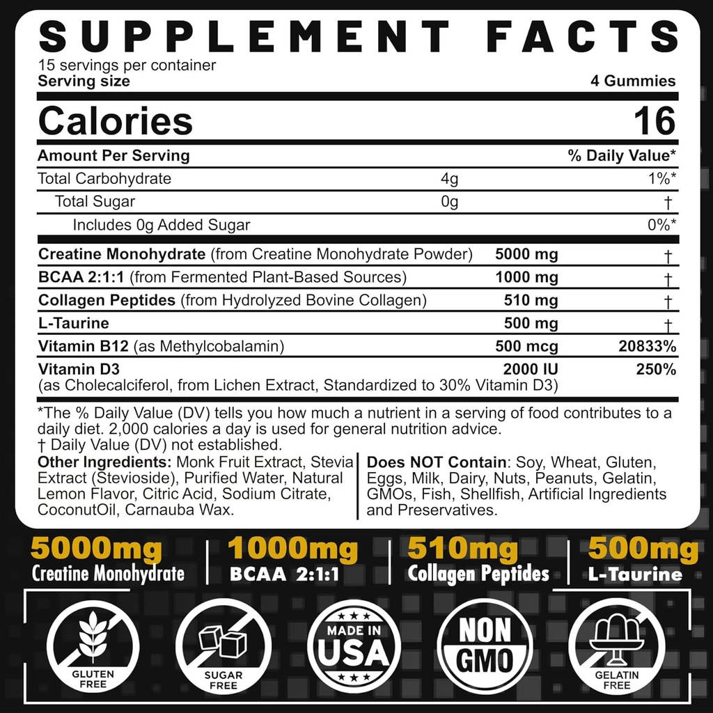 Complexul de gume monohidrate pentru creativitatea masculină și feminină, 6-in-1 Creație pre-workout masticabilă cu BCAA, Colagen Peptides, L-Taurină, 15 serviri, aromă naturală de lămâie - 60 Count (Pachet de 1)