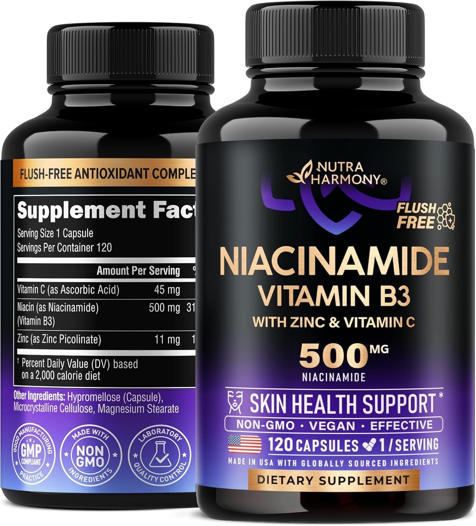 Niacinamidă 500 mg - Vitamina B3 supliment fără lichide Niacinamidă - Suport curat sănătos pentru piele şi antioxidant - cu zinc & vitamina C - Lab testat, Vegan & Non- GMO - Made in USA - 120 capsule