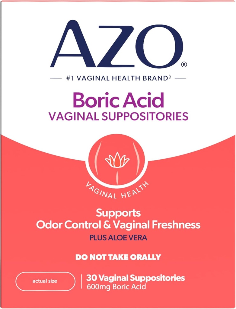 AZO® Boric Acid Vaginal Suppositories, Helps Support Odor Control and Intimate Health with Clinically Studied Boric Acid, Non-GMO, 30 Count