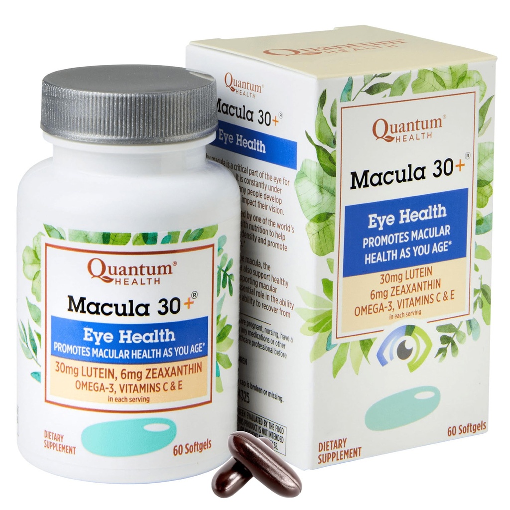 Sanatate cuantica Macula 30+ Suplimentul de ingrijire a ochilor promoveaza sanatatea maculara si retinala pe masura ce varsta cu lutein Zeaxantină Omega-3 Vitamine C & E Daily Nutrition pentru femei si barbati - 60 Softgels