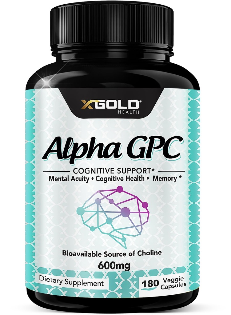 Alpha GPC Choline Supliment 600 mg, 99% + Foarte purificată, foarte biodisponibilă Sursa de Choline,180 Capsule Veggie, Cognitive Îmbunătățitor Nootrop, Sprijină Memoria și funcția creierului, Boosts Focus & Mood