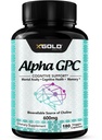 Alpha GPC Choline Supliment 600 mg, 99% + Foarte purificată, foarte biodisponibilă Sursa de Choline,180 Capsule Veggie, Cognitive Îmbunătățitor Nootrop, Sprijină Memoria și funcția creierului, Boosts Focus & Mood
