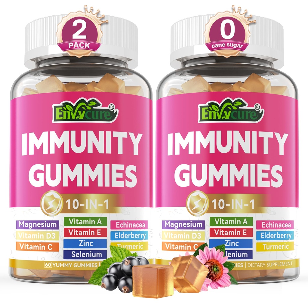 10 din 1 Emunum Supplement Gummies, w/Echinacea, Elderberry Vitamina C și Zinc, Seleniu, Vitamina D3 5000UI, Magneziu, Zilnic Booster Multivitamine, pentru Antioxidant Bone Energy, 2 Pack