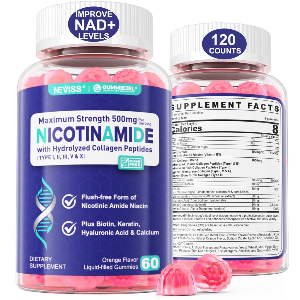2 Pachet - Nicotinamidă 500 mg Gummies, NAD+ Supliment pentru femei şi bărbaţi w/ Colagen Peptides, (Flush Free Niacin) Vitamina B3 Niacinamidă pentru Anti- Aging, NAD+ Nivele, Longevitate, Focus & Brain, Sugar Free