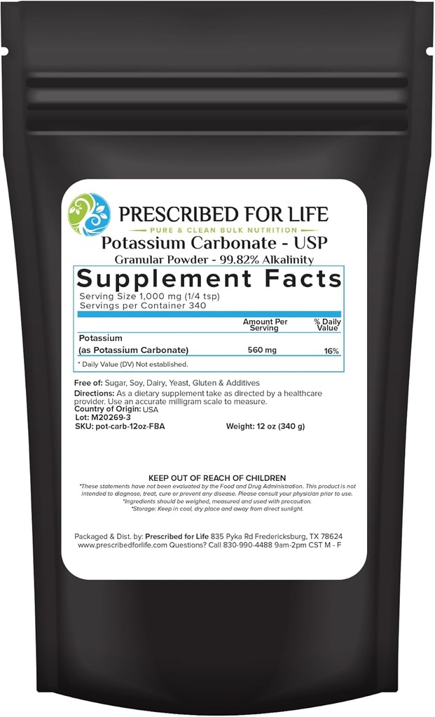 Prescribed for Life Potasic Carbonate Powder, Natural USP Food Grade Potash for Plants, Soap, Suplimente, & More, Pure Bulk Potasic Powder (12oz / 340g)