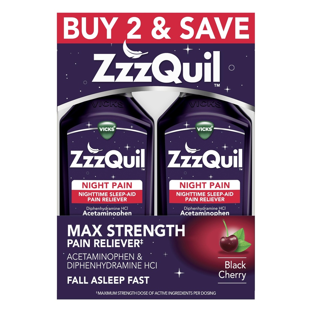 ZzzQuil Liquid Max Putere Durere Reliever, somn pe timp de noapte Ajutor lichid, Acetaminofen 1000mg, Difenhidramină 50mg HCI, non-Habit Forming, Black Cherry Aroma, 2 Pack, 24 FL OZ