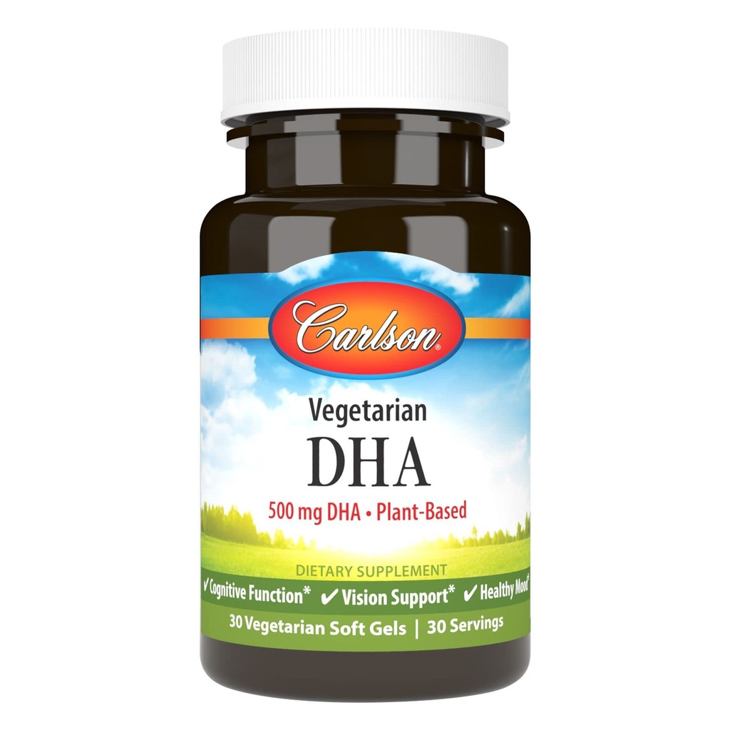 Carlson - Vegetarian DHA, 500 mg DHA, Plant based, Sustainable Soursed from Algae, Brain Support, Mood Health, 30 Softgels
