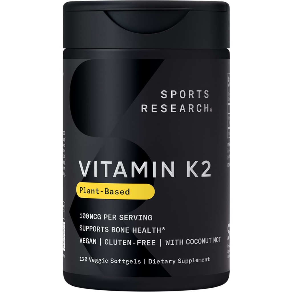 Cercetare sportivă Vitamina K2 ca MK-7 100mcg cu ulei de nucă de cocos MCT - 120 Veggie Softgels (4 lună de aprovizionare) Vegan certificat, non-GMO verificat, Gluten & soia gratuit