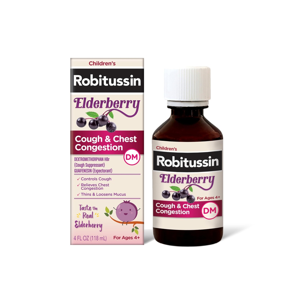 Robitussin Elderberry Tuse + Congestie toracică DM Medicina de tuse pentru copii, Congestionare toracică și Sirop de tuse - 4 Fl Oz
