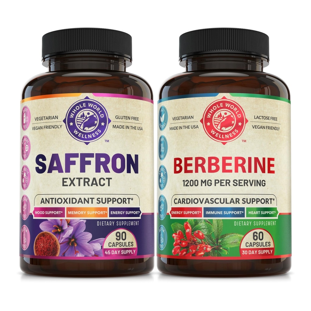 Extract de saffron pur și Berberine Bundle Premium (O sticlă fiecare). Susţine starea de spirit, creşterea energiei, funcţia metabolică. USA Made.