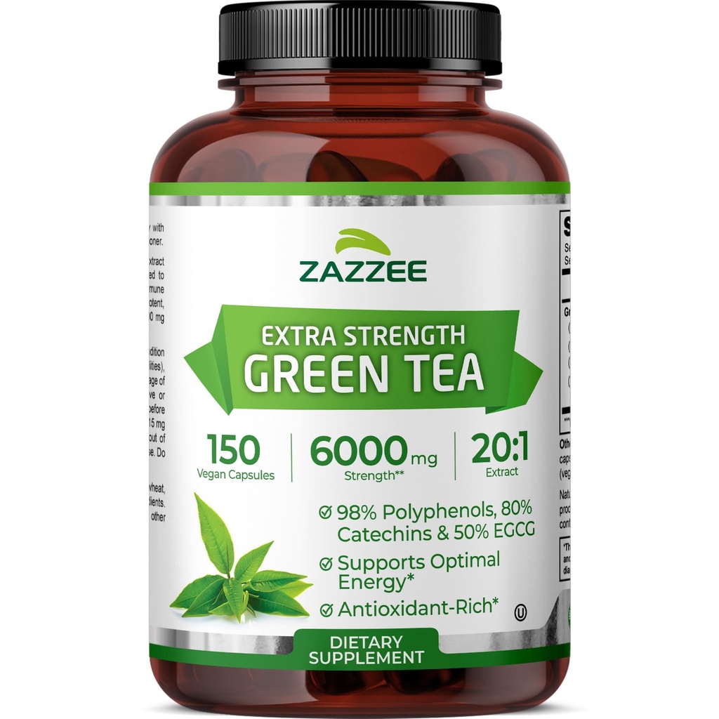 Zazzee Extra Putere Ceai Verde 20:1 Extract, 6000 mg Putere, 50% EGCG, 98% Polifenoli și 80% Catcehins, 150 Capsule Vegan, 5 Luna de aprovizionare, Standardizat și concentrat 20X Potență, Non-GMO