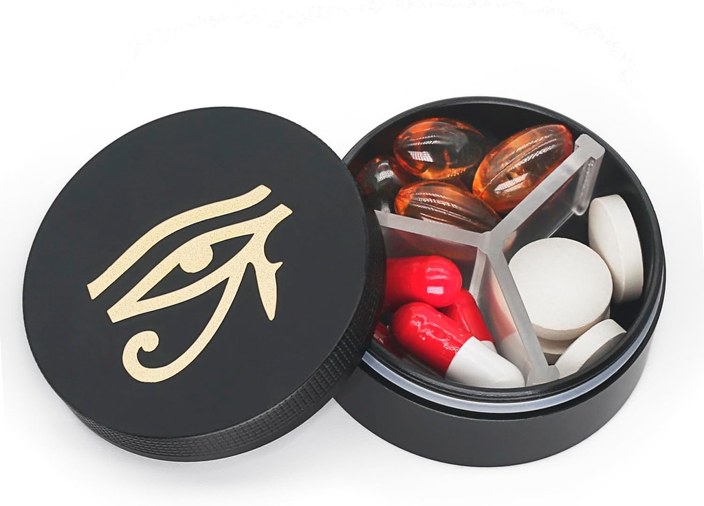 Caz Pilula mica 3 Compartimente, Metal Round Pilula Portabila cutie, Periculos Travel Pill Organizator, Pocket Purse Medicina Detinator de vitamine EDC Container (Negru cu ochi)