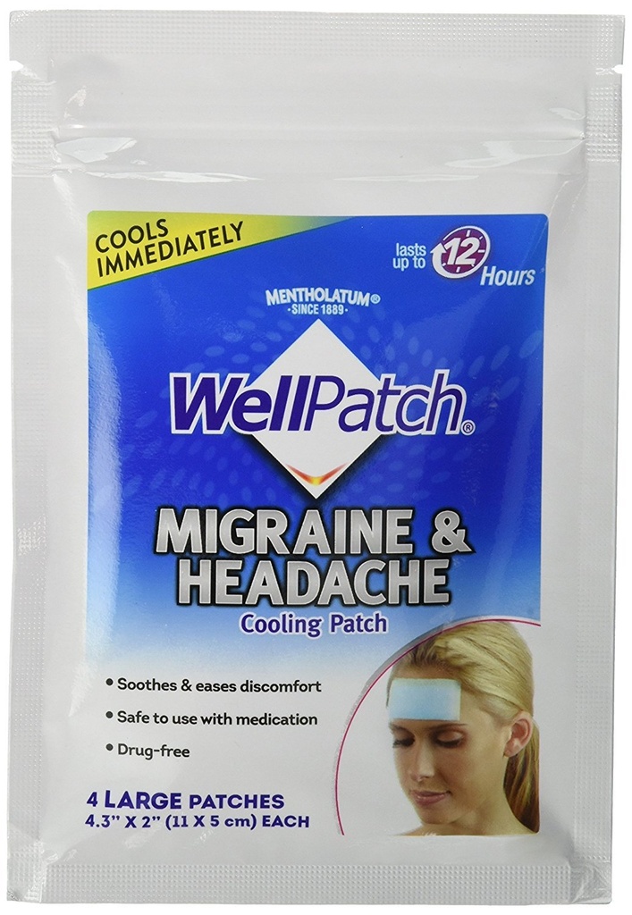 WellPatch Migrene & Cefalee Patch de răcire - Drog gratuit, durează până la 12 ore, Sigur de utilizat cu medicamente - Petice mari (4 petice mari), fiecare 4.3 x 2 in