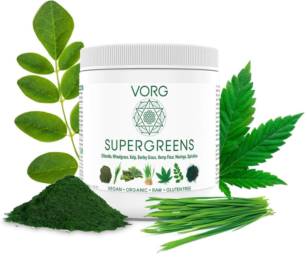 VORG SuperGreens - #1 Green Superfood Powder with Chlorella, Barley Grass, Moringa, Kelp, Spirulina, Wheatgrass - 100% Organic - Probiotice, Fiber & Enzymes (1 săptămână de aprovizionare)