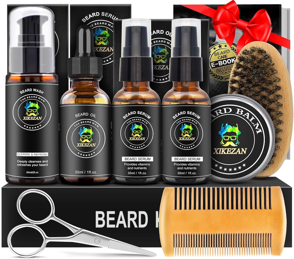 XIKEZAN Barbă Kit pentru bărbați Grooming & Care Set w/2 Pack Barbă Ser, Spălare, Ulei, Balm, Comb, Perie, Foarfecă, Bag, EBook, Cadouri unice de ziua de naștere pentru bărbați El tată frate de Crăciun Stocking Stuffers