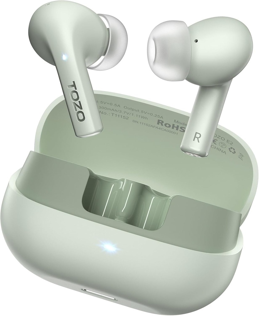 TOZO E2 Caiet wireless cu 2 micros Al Call Noise Anulare, 10mm drivere cu Bass puternic, App Personaliza 32 EQ-uri, 30H Playtime, Bluetooth 5.3 Muguri urechi, Comfort Fit in-Ear Căști