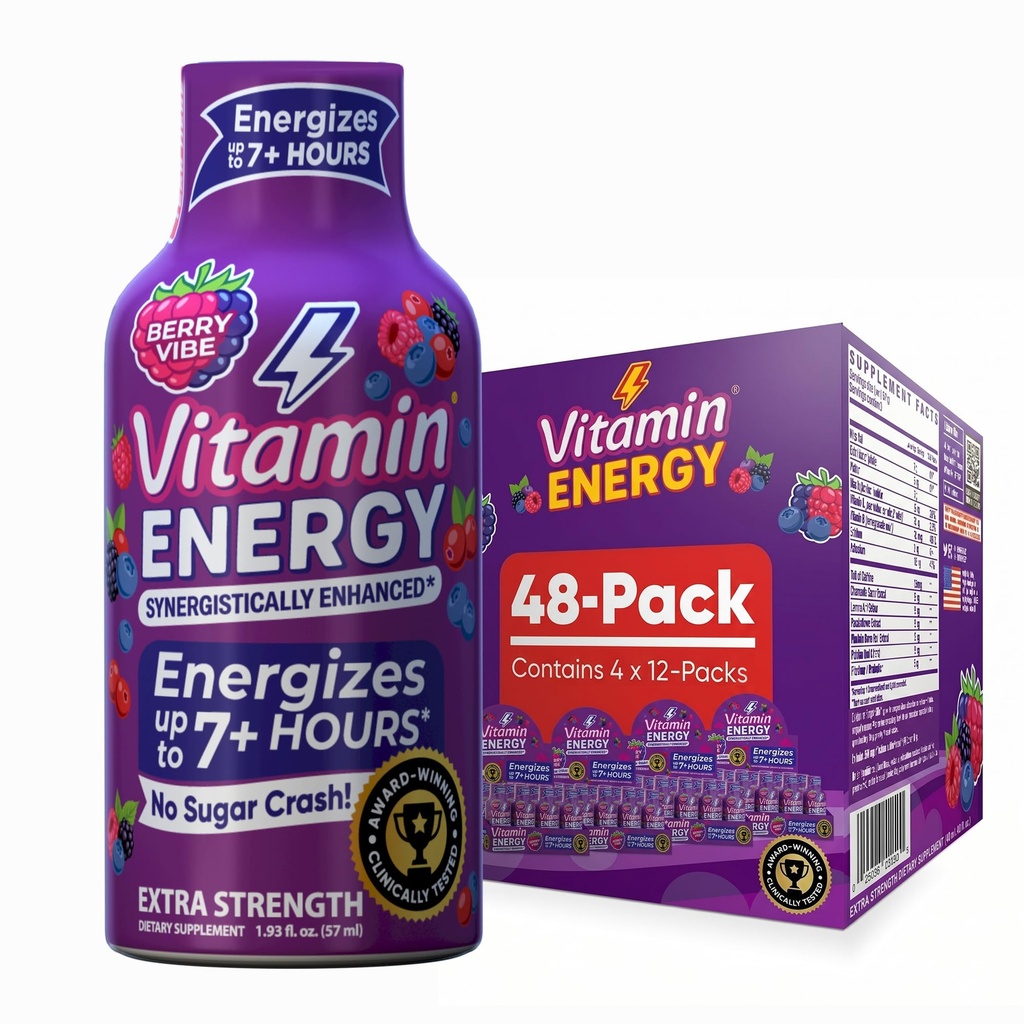 Vitamina energie Mood+ Extra Putere Energie Shot Tropical Berry 48 Pack, 260mg Natural Cafeina, B-Vitamina, Rhodiola, Mușețel, Mood & Energy Support, Zero Zahăr, Gluten-Free, Vegan, 1.93 fl oz