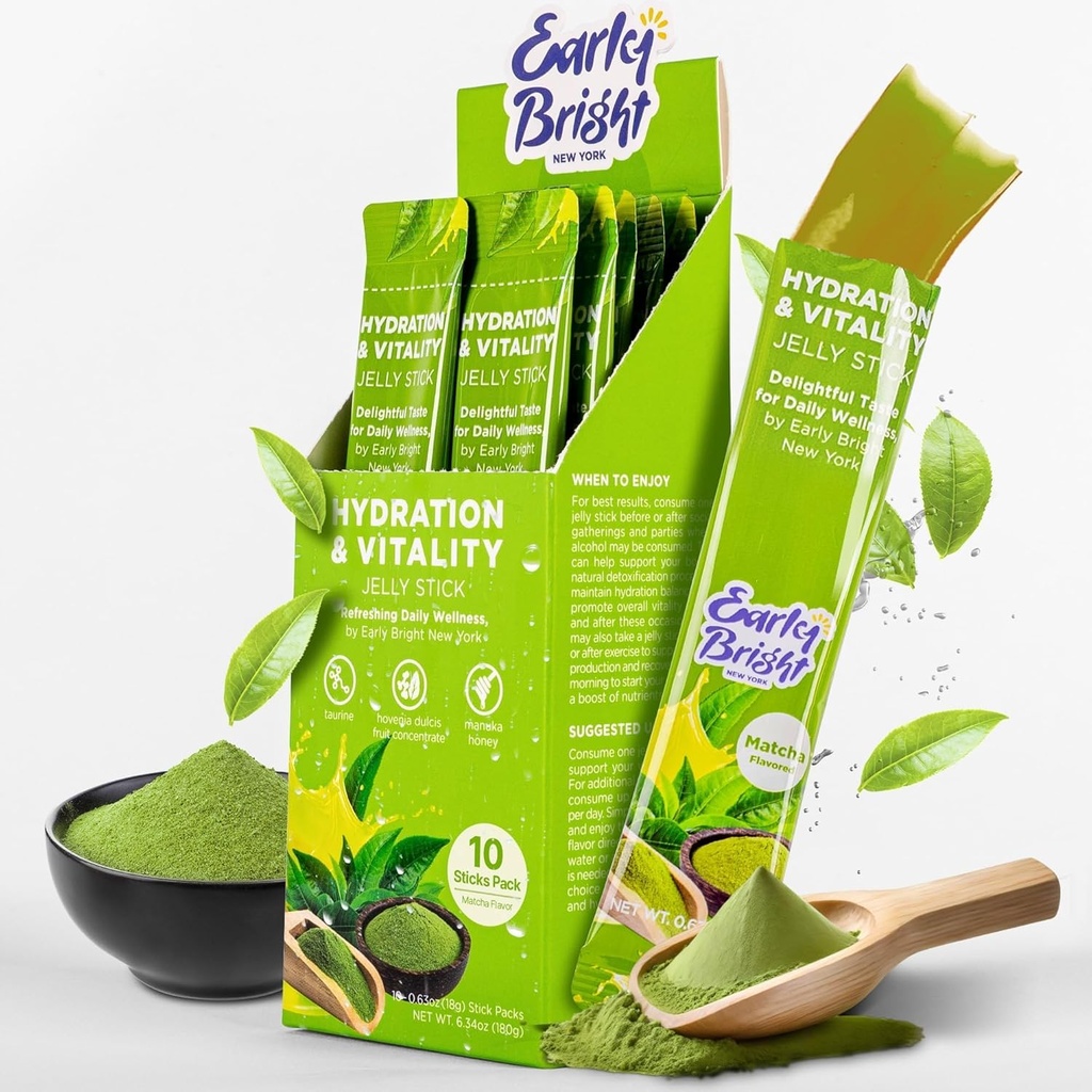 Jelly Sticks - Matcha-Flavored pentru o mai bună dimineață după băut, suport hepatic & Vitalitate cu taurină & DHM, Simțiți-vă reîmprospătat și energizat, 18gX10ea